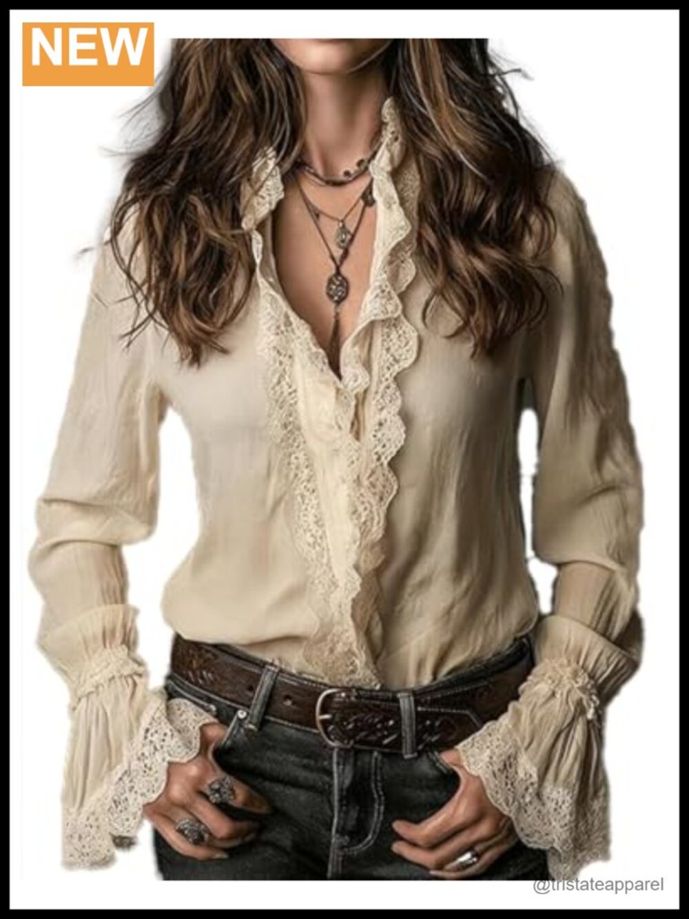 Womens Casual Long Sleeve Lace Trim Ruffle Blouse Button Down Bell Sleeve Top